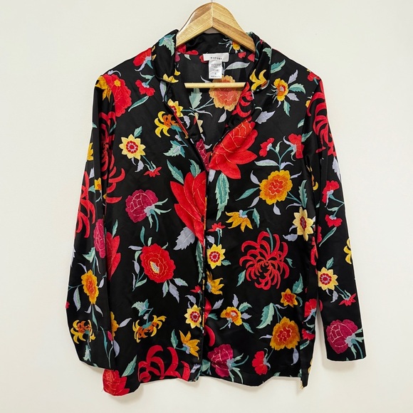 Natori Floral Button Front Top Size Small Long sleeve red black PJs Sleep Shirt - Picture 1 of 7